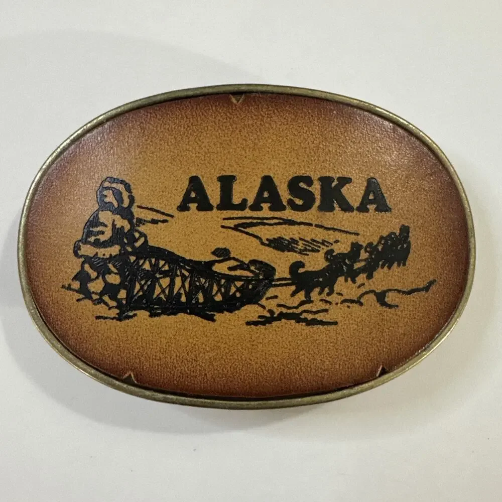 Vintage Alaska Leather Belt Buckle: Sled Dogs Mushing Made in USA